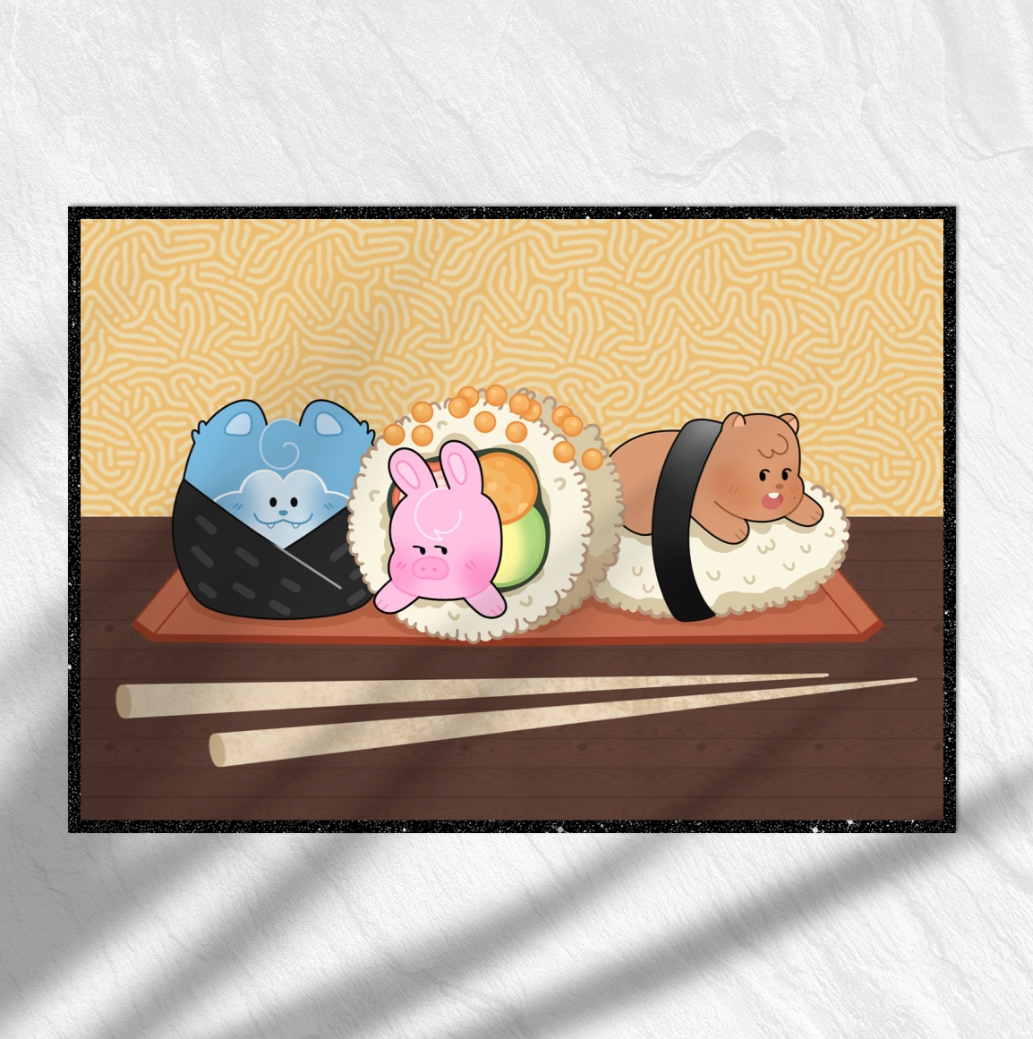 3racha sushi rolls art board print!